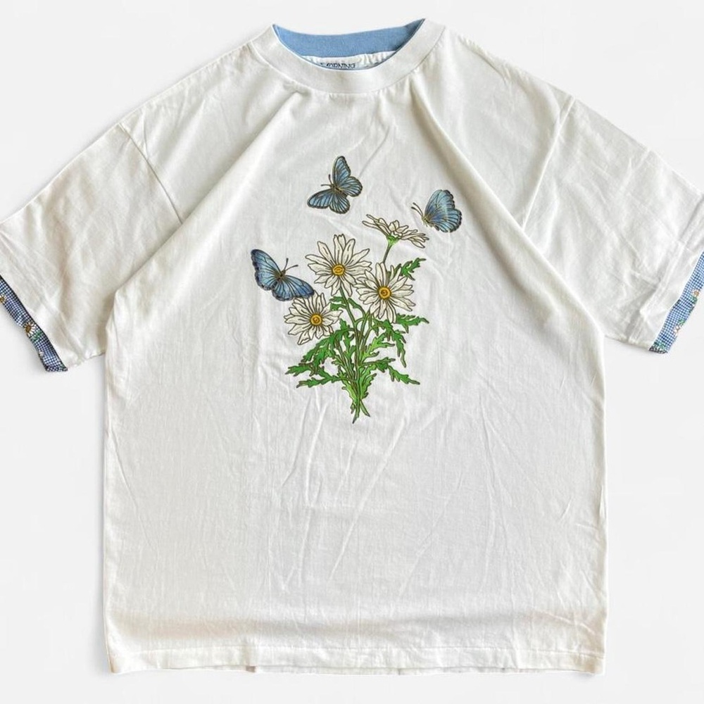 90s Vintage Morning Sun White Tee T-Shirt Butterflies and Daisies Graphic XL